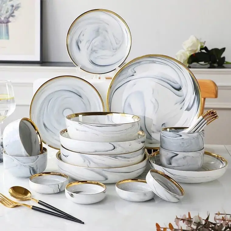 18 Pcs Set Nordic Style Ceramic White Dishes Dinnerware Set Household Porcelain Luxury Rice Bowl Tableware Set White