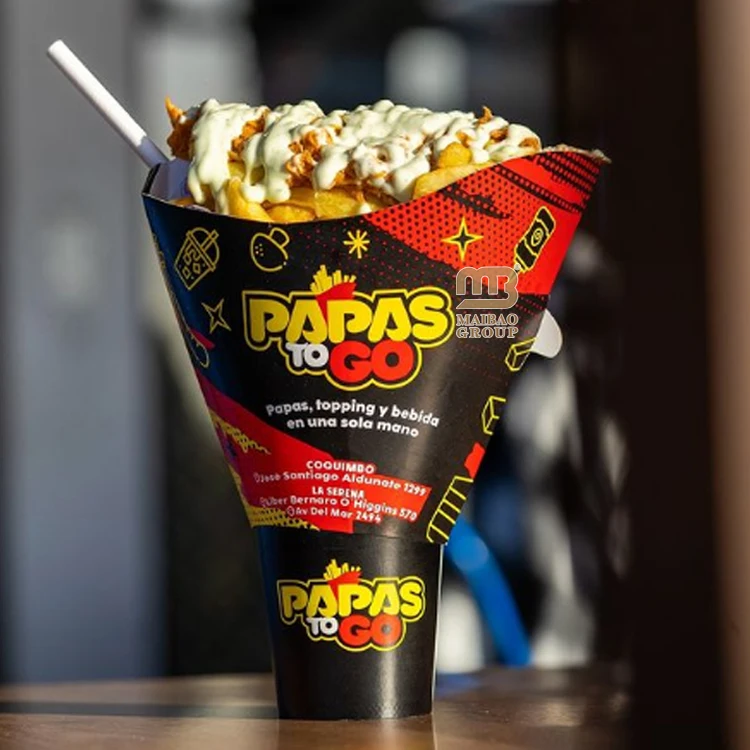Одноразовая чашка для картофеля фри на вынос Papas Fritas Бумажный конус Одноразовые контейнеры для еды Оптовая продажа 2 в 1 Чашка для закусок и напитков