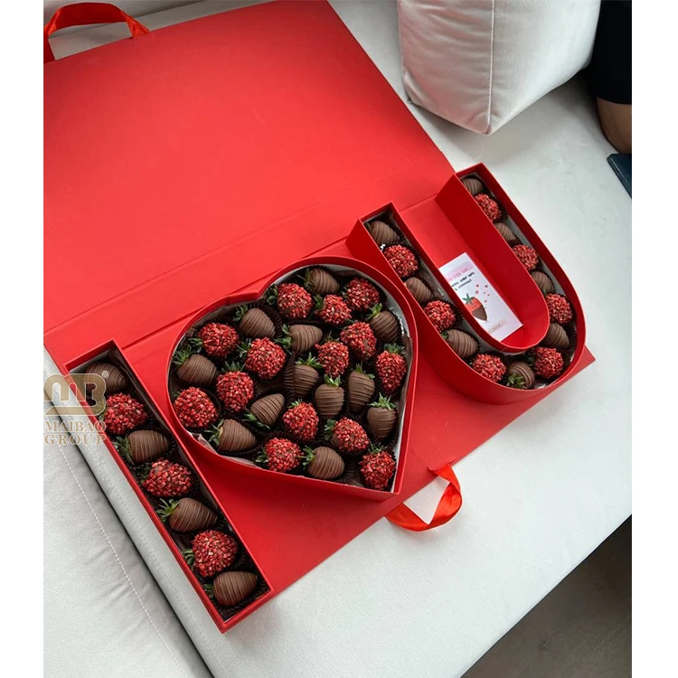Напечатанная на заказ коробка для шоколада с клубникой и валентинкой, упаковка, роскошная жесткая бумажная картонная коробка, пустая подарочная коробка с магнитной застежкой