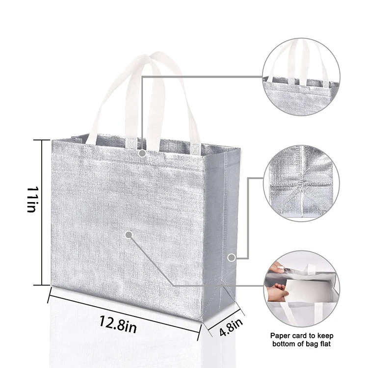 Напечатанная на заказ экологически чистая продуктовая многоразовая сумка для супермаркета, подлежащая вторичной переработке, серебряная ламинированная ткань из полипропилена, нетканая сумка для покупок