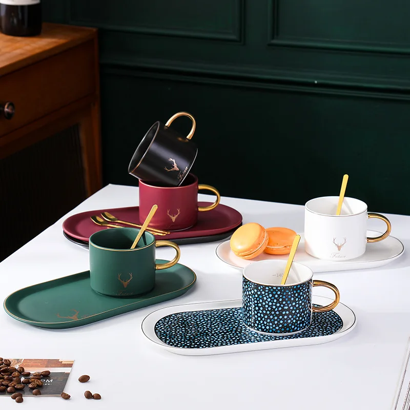 Ceramic Cup and Plate Gold Handle Coffee Cup  Mug Gold Edge Tray With Spoon Dinnerware Sets Ceramic European Style