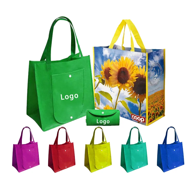 Изготовленная на заказ устойчивая экологически чистая многоразовая ткань для продуктов питания ультразвуковая складная складная нетканая сумка для покупок Rpet с кнопкой