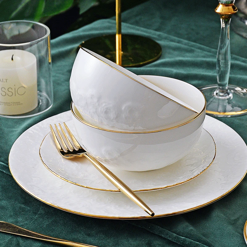 Hot Selling Relief Ceramic Bowl Plate Bone China Tableware Set Restaurant Ceramic Dinner Plate Set