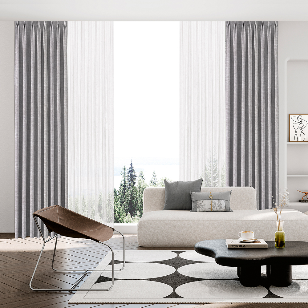 Pleated Blackout Fabric Window Shades Ripple Fold Hotel Drapes Flame Retardant Grey and Black Window Curtains for Living Room