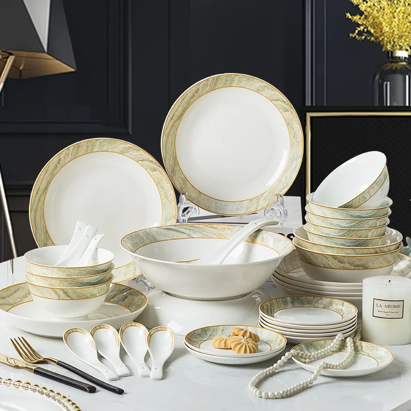 Luxury Marble European Style Ceramic Tableware Set Lightweight Dinnerware With Golden Edge Suit for Household Use