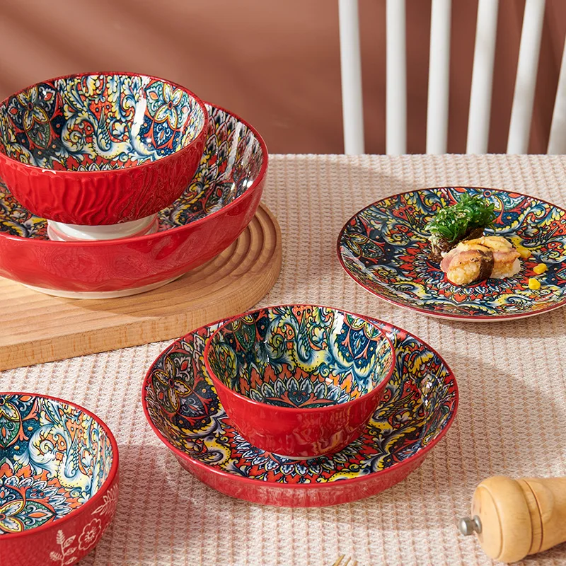Набор богемной керамической посуды, трансграничные миски и тарелки, большие миски для риса и супа, посуда для домашнего использования