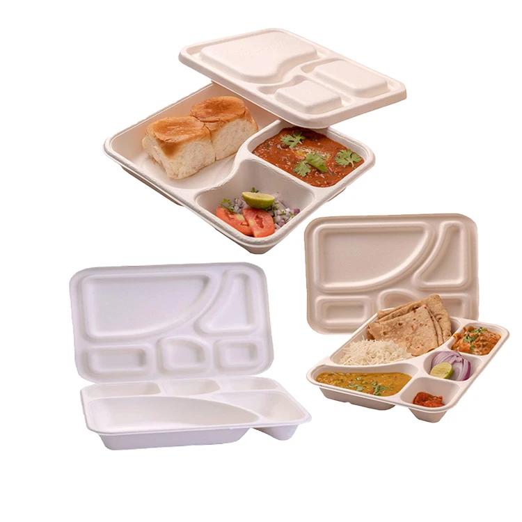 Упаковка для еды на вынос, биоразлагаемая, экологически чистая, одноразовая, с 6 отделениями, коробка для обеда, риса, бенто, багасса, суши, поднос для еды с крышкой
