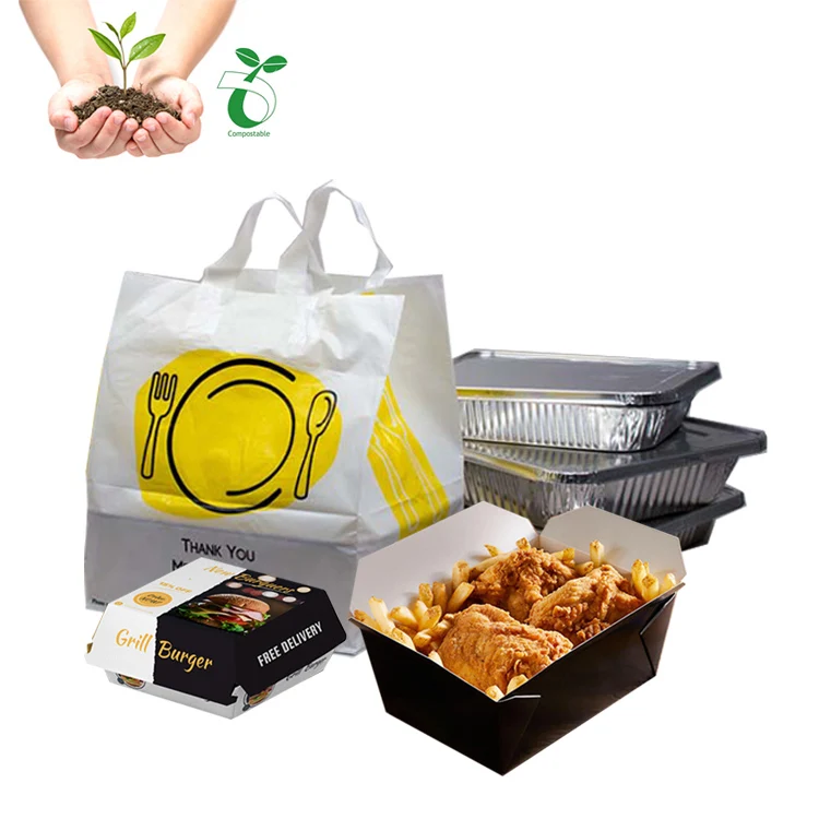 Оптовая продажа, печатная на заказ, биоразлагаемая сверхмощная петлевая ручка, ресторан, обед, упаковка для пищевых продуктов, пластиковые сумки на вынос с ручкой