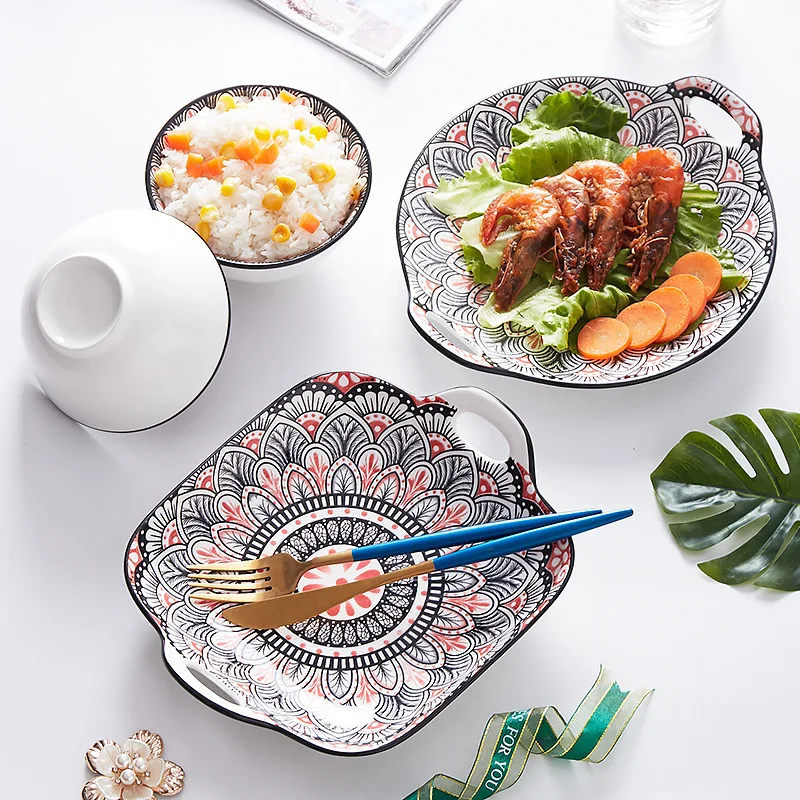 Japanese Tableware Steak Baking Plate Set Bohemian Ceramic Dish Plate