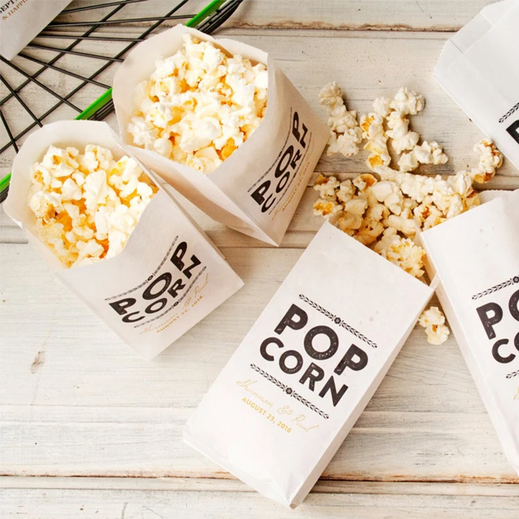 Оптовая продажа, биоразлагаемая переработанная термосвариваемая упаковка для закусок, бумажные пакеты для попкорна с логотипом на заказ