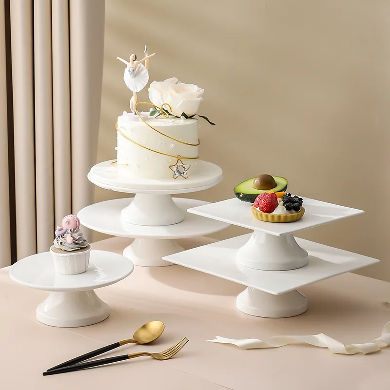 Custom Tableware White Plate Dessert Stand Porcelain Cake Display Stand Round Tray for Wedding Party Restaurant