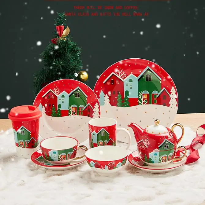 Christmas Dinnerware Sets Ceramic Plates and Bowls Set Gilded Edge Tableware Cute Dim Sum Dish for Restaurant Home Wholesale