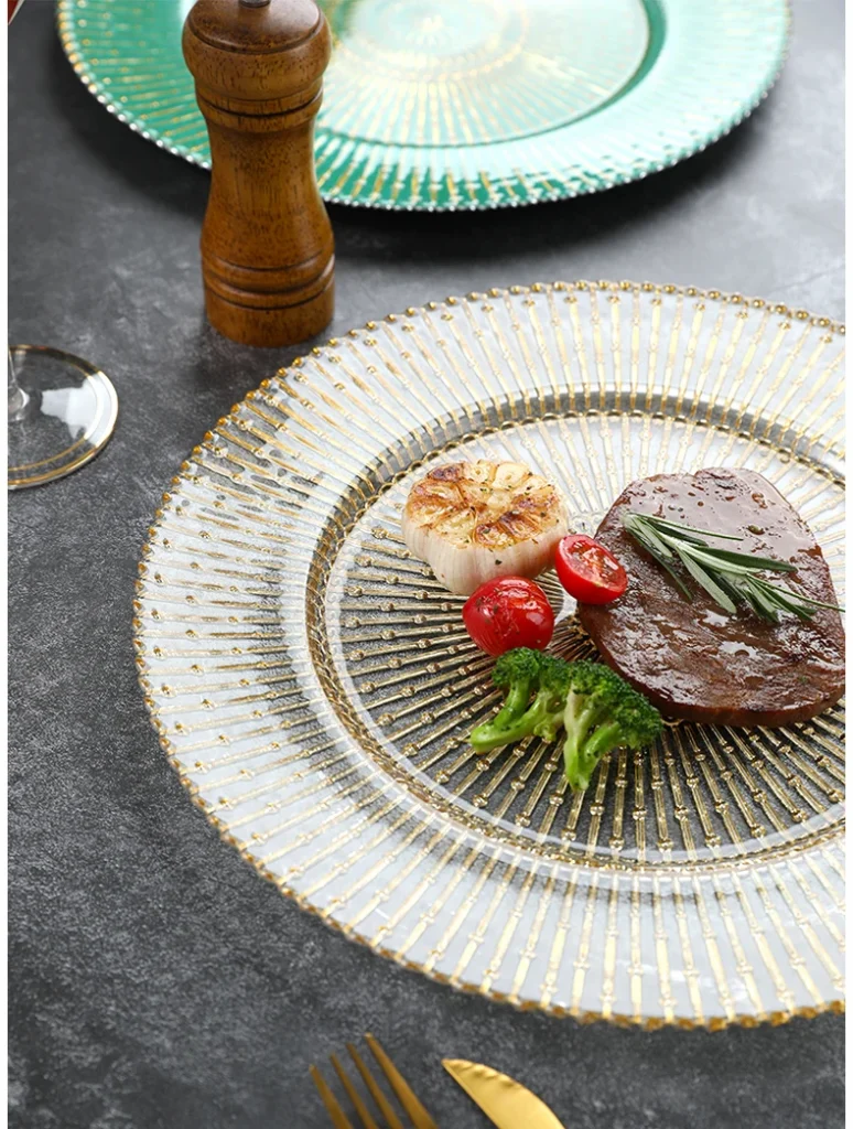 Декоративная тарелка, зарядное устройство, синее и прозрачное зарядное устройство, набор столовых приборов, свадебное украшение, тарелка для дома и кухни