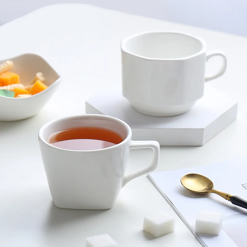 Factory Wholesale Cheap Price Minimalist White Ceramic Coffee Cup Set With Saucer Customizable Logo Brushed Cup