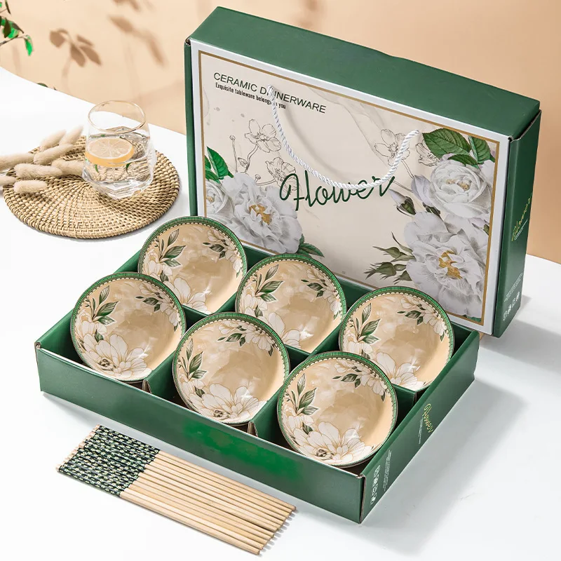Ceramic Bowls Gift Set Colorful Printing Under Glazed 4.5 Inch 2 4 6 Pcs Rice Soup Bowl Bohemia Camellia Flower Bowls Set