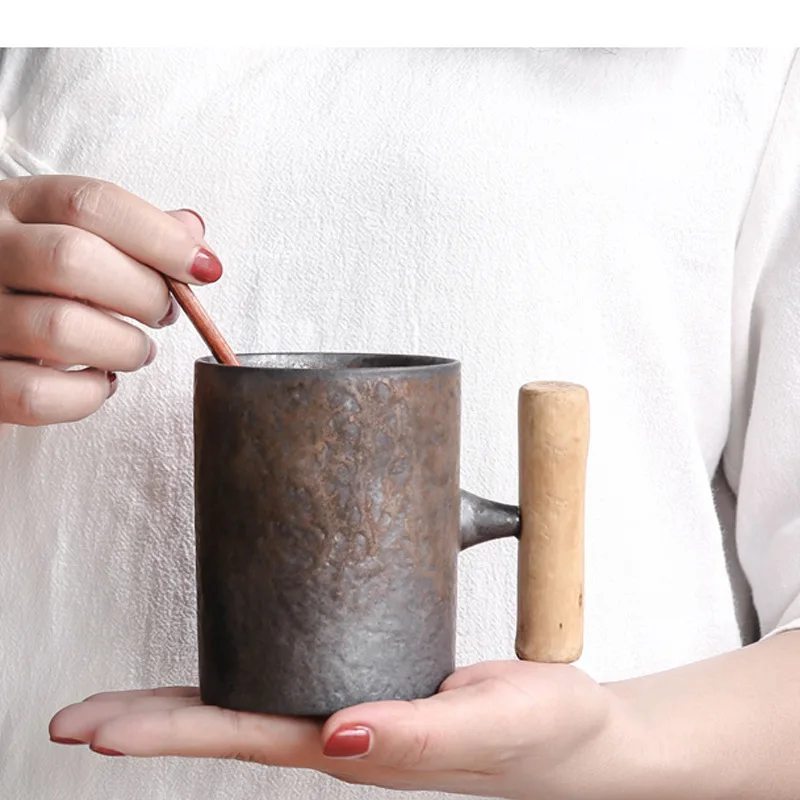 Retro Japanese Ceramic Mug With Wooden Handle Kiln Reusable Coffee Mugs Pottery Tea Cup Set