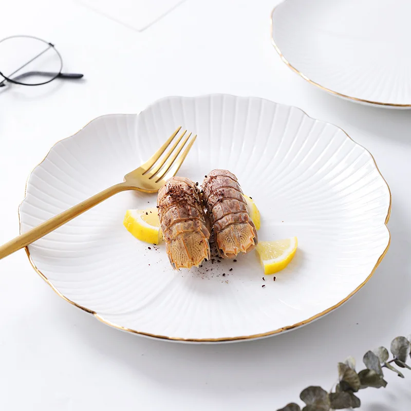 Hot Selling Simplicity Gold Edge White Dining Plate Customized Ceramic Plate Irregular Western Food Dish Plate
