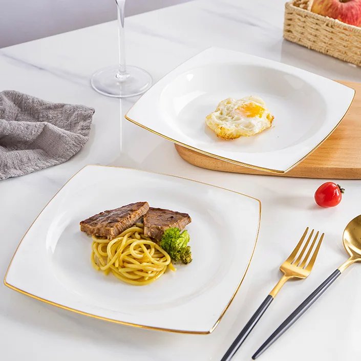 Wholesale European Style Ceramic Dish Fruit Dish Deep Dish Customized  White Square Dinner White Dinner Plates