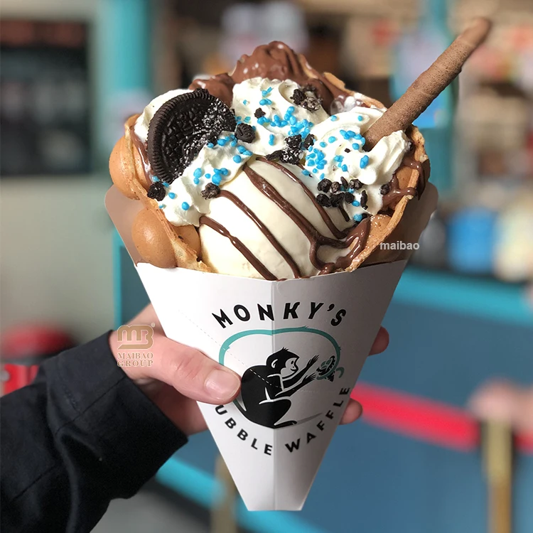 Индивидуальный дизайн, пузырьковая вафельная бумага, конус с принтом, пузырьковые вафельные рожки для мороженого, бумажная коробка, упаковка для еды, вафельный бумажный конус