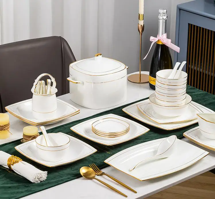 Light Luxury Simple Platinum Rim Dinnerware Set Sustainable Kitchen Cutlery with Bowl for Seniors’ Meals