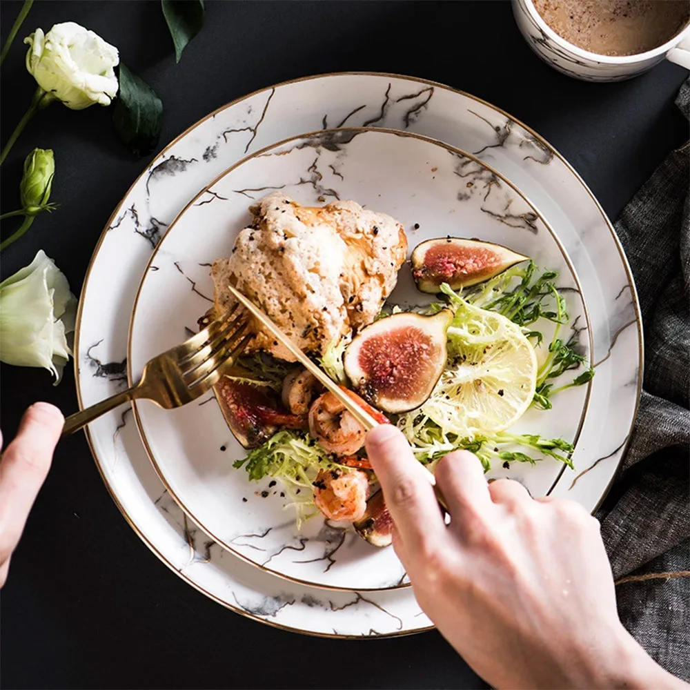 Высокая мода Мраморная посуда Мраморная посуда Керамический обеденный сервиз с золотой оправой для свадебных мероприятий, банкетов