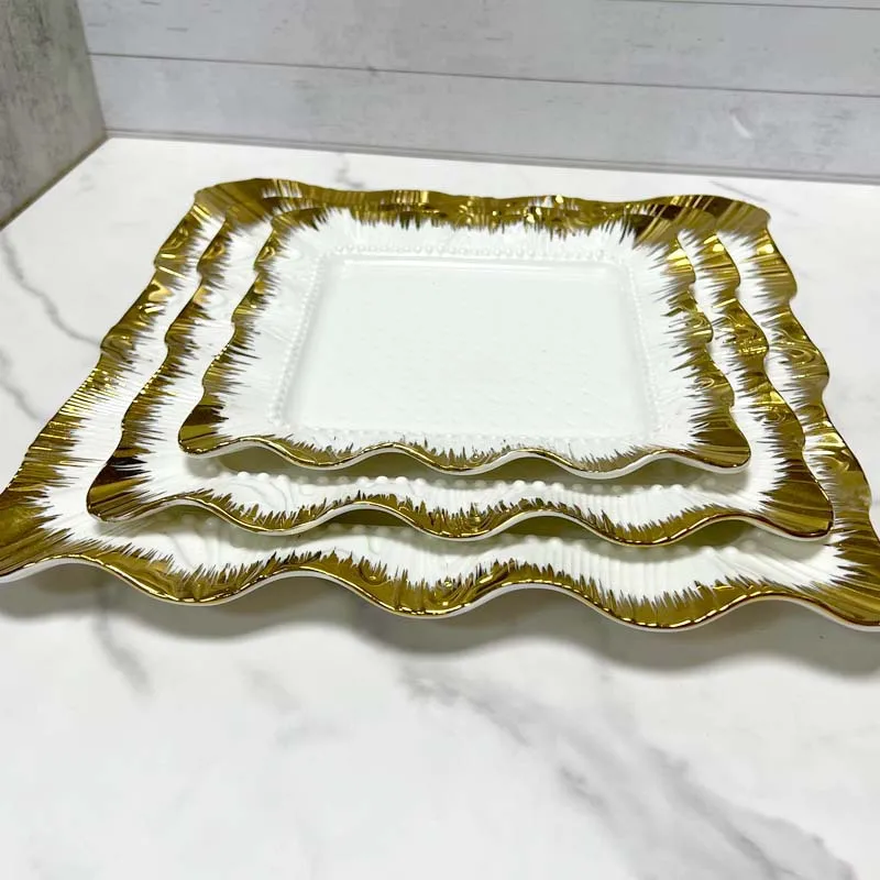 2023 New Design Electroplated Gold Edge White Ceramic Wedding Restaurant Tableware Minimalist Square Shape Dishes Plate New