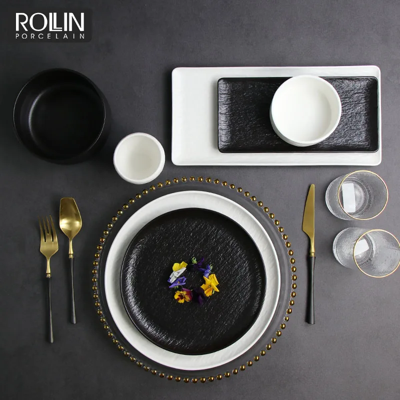 Гуанчжоу Новый фарфоровый цветной фарфоровый сервиз Белый Черный Столовый сервиз для поставщика отелей Ресторанная посуда Набор тарелок Посуда
