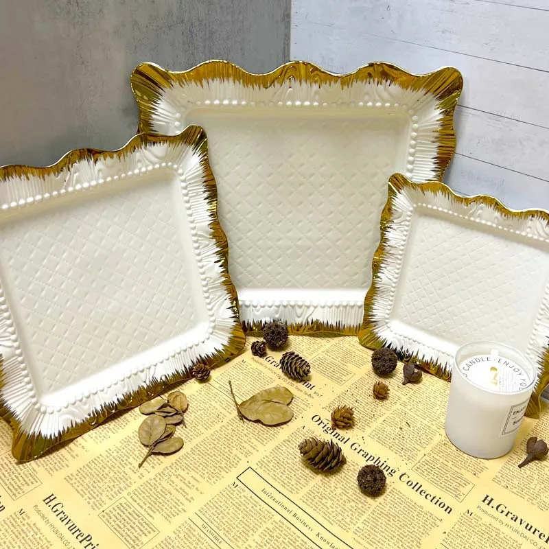 2023 New Design Electroplated Gold Edge White Ceramic Wedding Restaurant Tableware Minimalist Square Shape Dishes Plate New