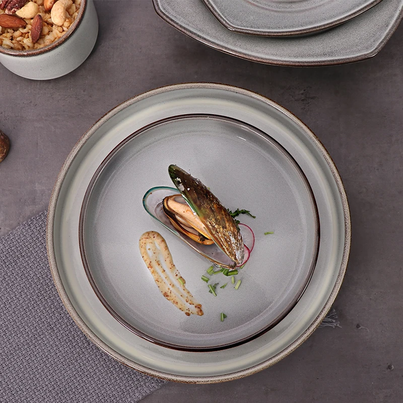 Серая посуда для ресторана Vajillas, фарфоровый прямой набор тарелок, набор столовой посуды, тарелки и тарелки, оптовая продажа