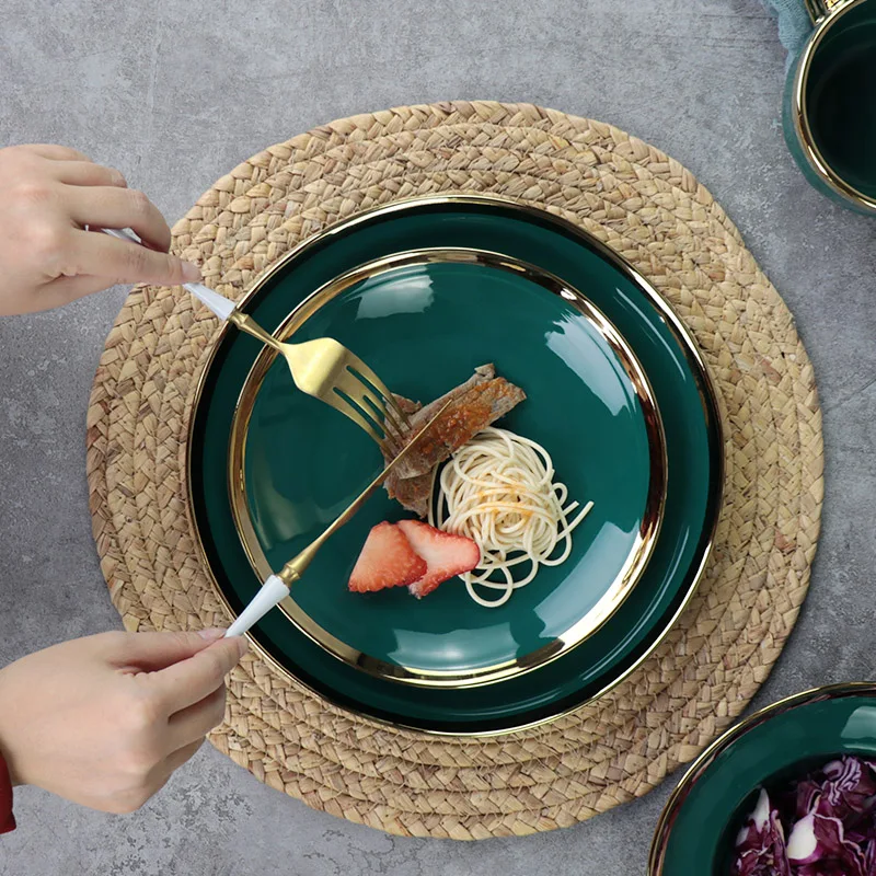 Роскошная керамическая тарелка, обеденная посуда, зеленая и золотая тарелка для ресторана, ресторана, керамическая посуда, обеденные тарелки с золотой оправой