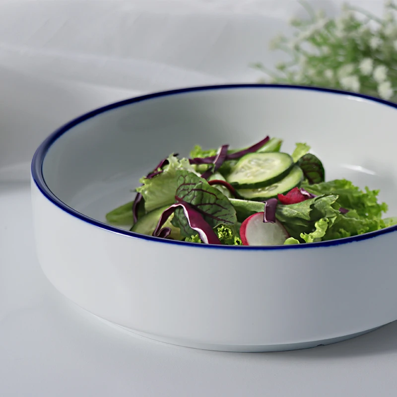 Оптовая продажа обеденной тарелки, белая и синяя посуда для ресторана, фарфоровая суповая тарелка на 50 унций для ресторанов