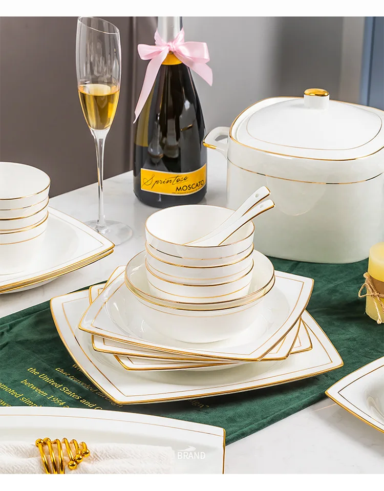Light Luxury Simple Platinum Rim Dinnerware Set Sustainable Kitchen Cutlery with Bowl for Seniors’ Meals