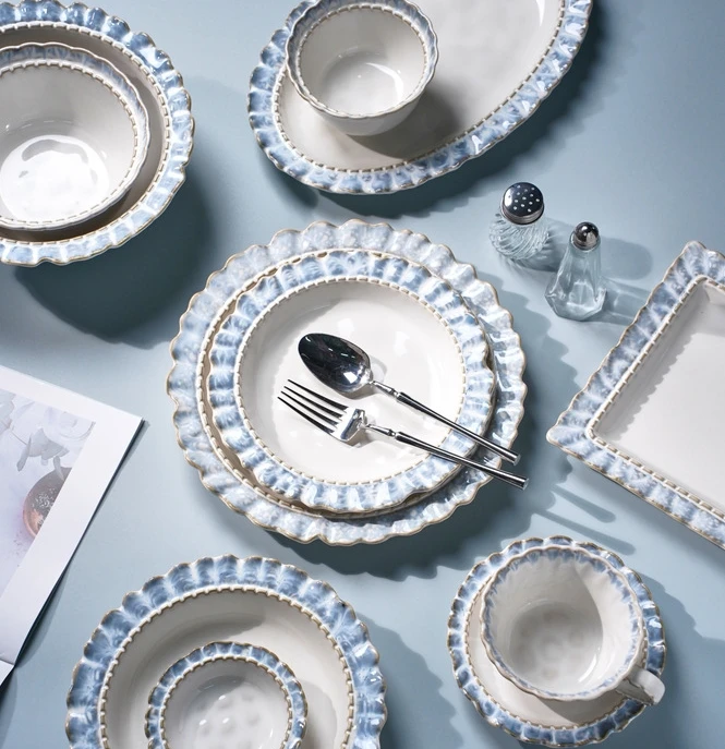 French Ceramic Porcelain Plate Household Soup Bowl Blue Flower Edge Ceramic Cup Dinnerware