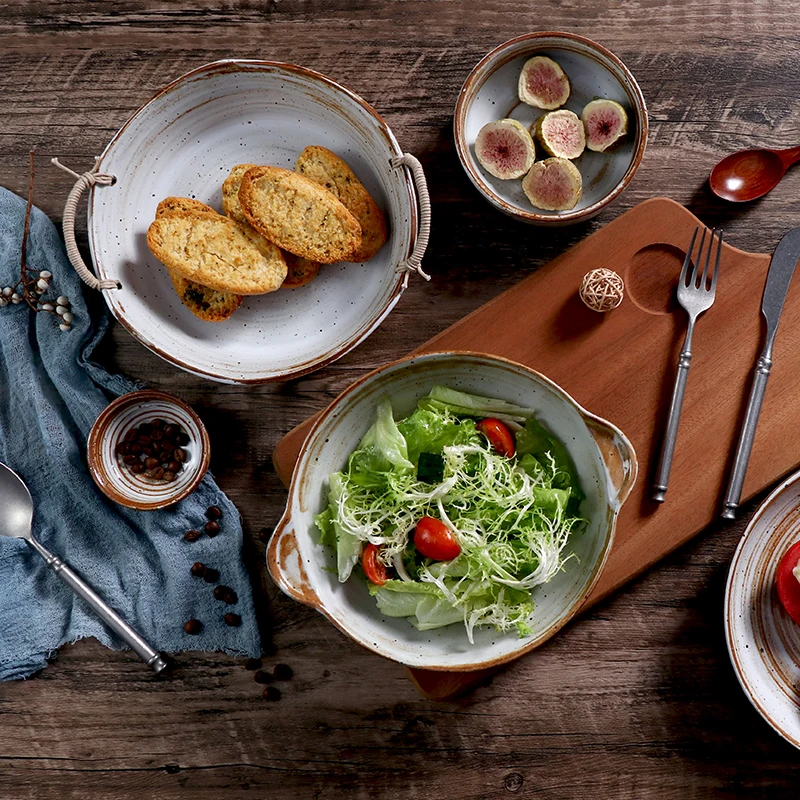 Винтажная круглая тарелка, посуда, посуда, керамическая тарелка для микроволновой печи, фарфоровая стандартная основная тарелка для ресторана, отеля