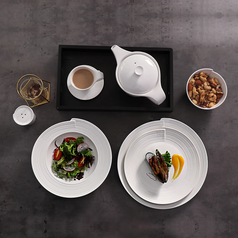 Поставщик из Гуанчжоу, изысканная тарелка, посуда для ресторана, набор керамических обеденных тарелок, белый набор посуды для свадебного кейтеринга, отеля