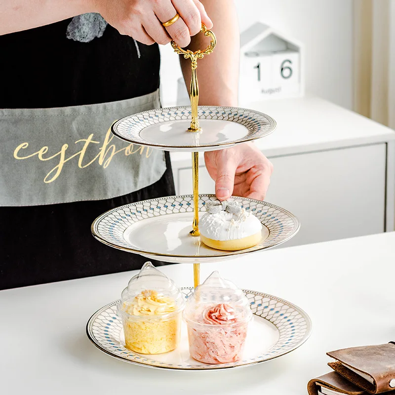 Luxury European Three-Layer Dry Fruit Tray Eco-Friendly Multi-Paneled Dessert Cake Table Pastry Ceramic Living Room Candy Plate