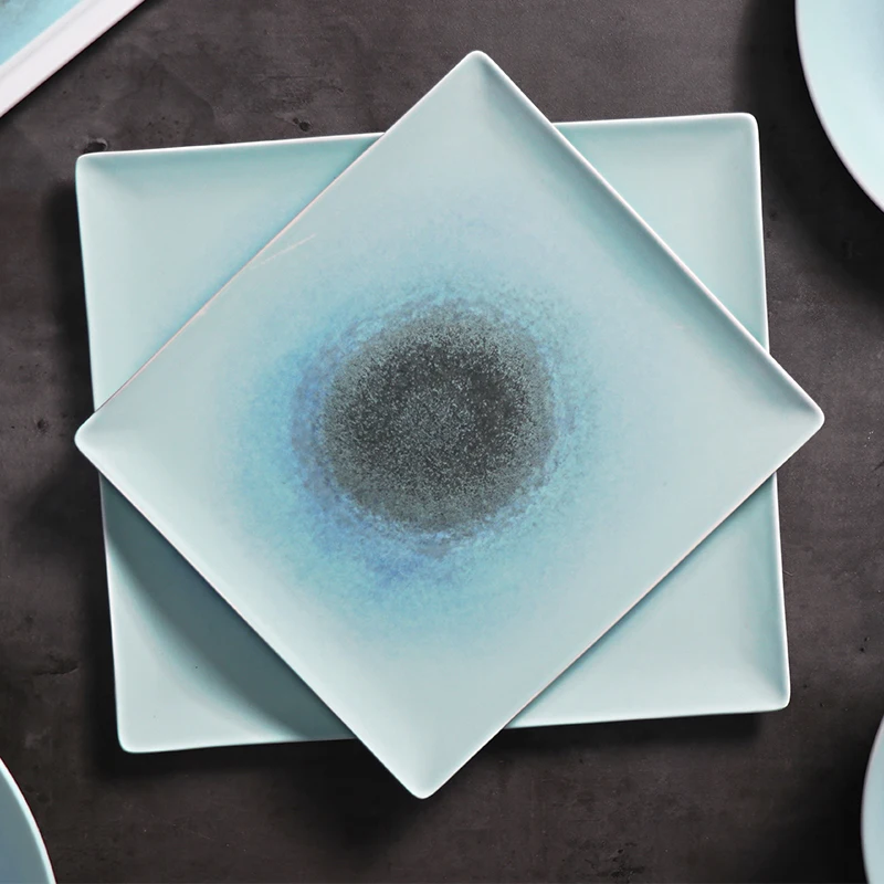 Скандинавская синяя квадратная обеденная тарелка, тарелки для ресторана, керамическая посуда высокого класса, керамическая посуда, посуда для банкетов, шведского стола, отеля