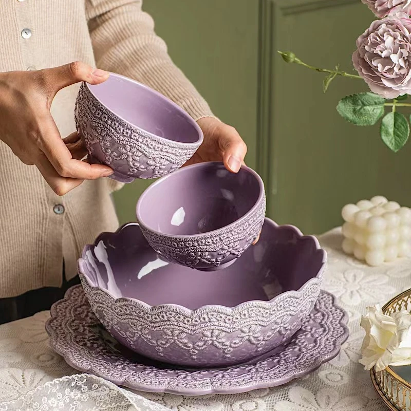 New Baroque Relief Ceramic Tableware European Style Retro Bowls Plates Exquisite Dinner Plates Wholesale Suitable Microwaveable