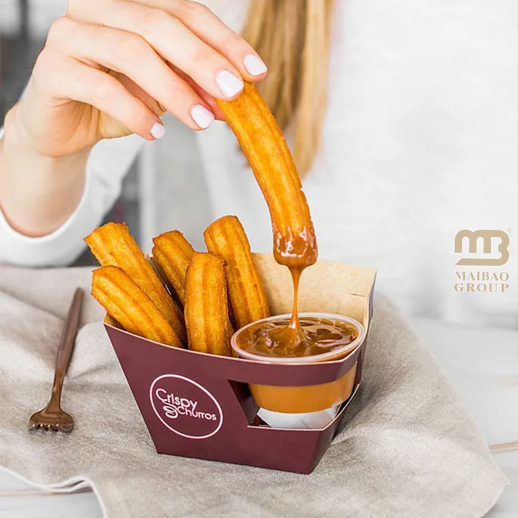 Экологичный держатель для бумаги чуррос Коробка для упаковки пищевых продуктов Коробка для закусок на вынос Коробка для картофеля фри Изготовленная на заказ коробка чуррос с вставкой для чашки