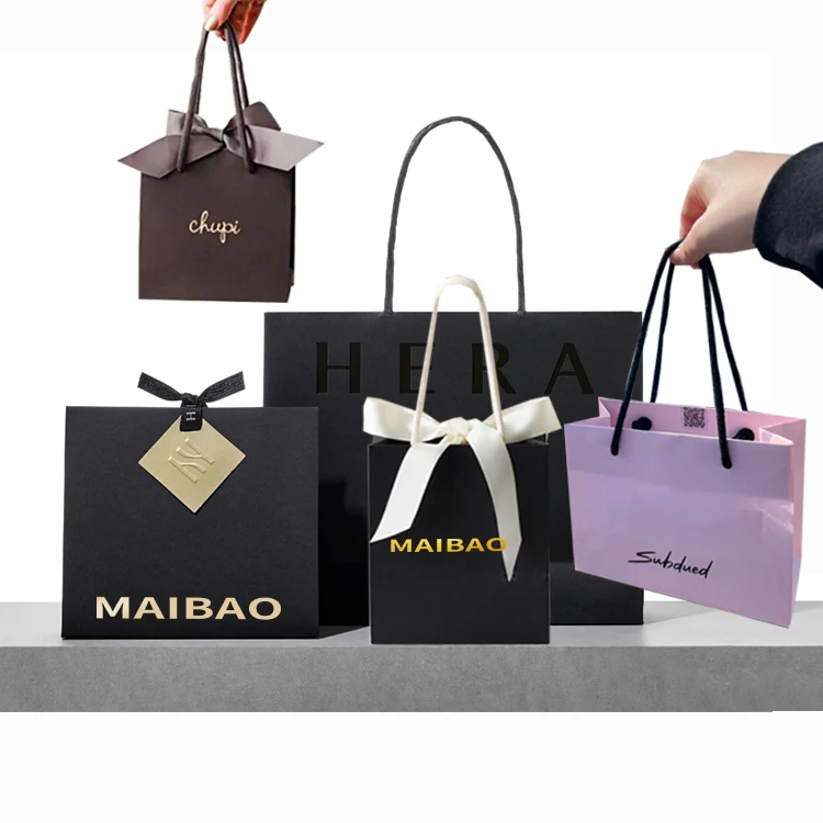 Оптовые художественные бумажные подарочные пакеты для ювелирных изделий с логотипом. Роскошный бумажный пакет. Бутиковая сумка для покупок с ручкой из черной ленты.