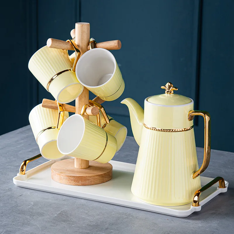 European Style  High-End Gift-Giving Gold-Painted Ceramic Coffee Cup With Handle Tray Coffee Cup Set of 6