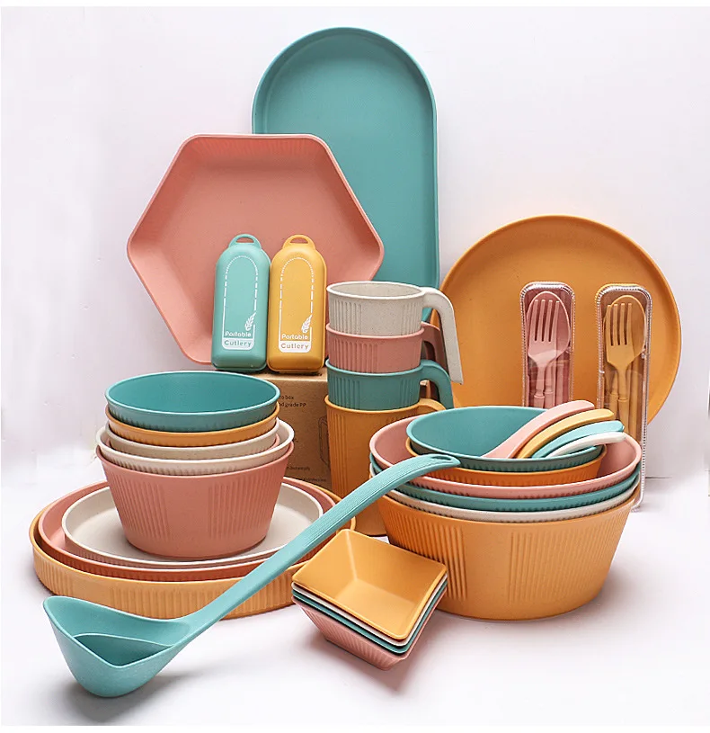 Изготовленный на заказ набор посуды из пшеничной соломы, многоразовый биоразлагаемый кухонный обеденный набор для оптовых заказов