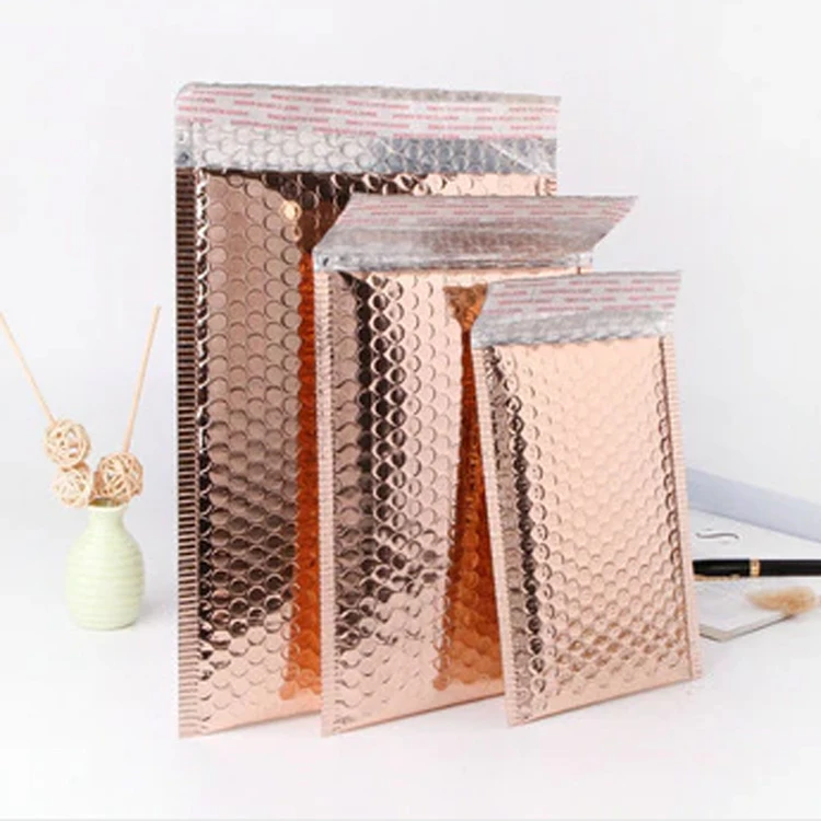 Конверты по индивидуальному дизайну, мягкие почтовые пакеты с пузырьками, блестящая металлическая фольга розового золота, бирюзовые почтовые конверты с пузырьками, логотип