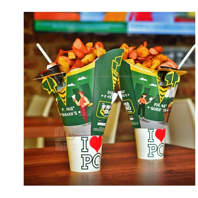 Одноразовый контейнер для пищевых продуктов, оптовая продажа, держатель для закусок Papas Kebab, бумажный стаканчик для картофеля фри 2 в 1, чашки для питья жареной курицы