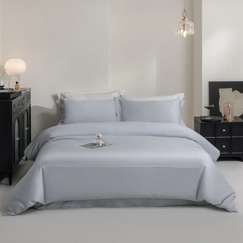 Ультра мягкий шелковистый роскошный комплект постельного белья из 100% длинноволокнистого хлопка 600TC, пододеяльник с вышивкой, белый/светло-серый комплект постельного белья для отеля