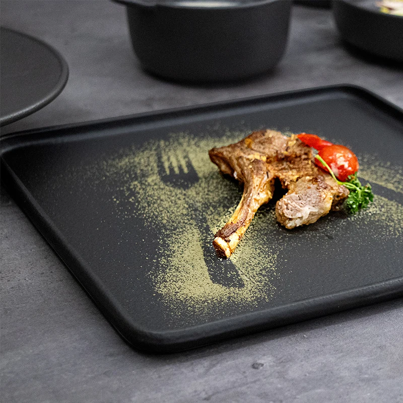 Фарфоровые тарелки ресторана обеденной тарелки для стейка квадратной формы нордической черной формы
