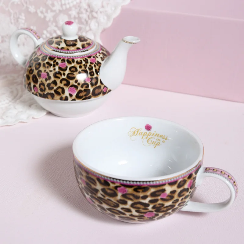 Creative Leopard Print Pink English Coffee Mug Home Breakfast Coffee Cup Mugs Milk Cutlery Ceramic Tableware Set