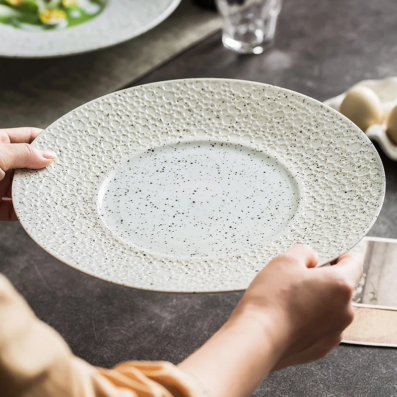 Embossed Meteorite Pattern Restaurant Round Ceramic Serving Deep Dish Salad Soup Porcelain White Dinner Plates
