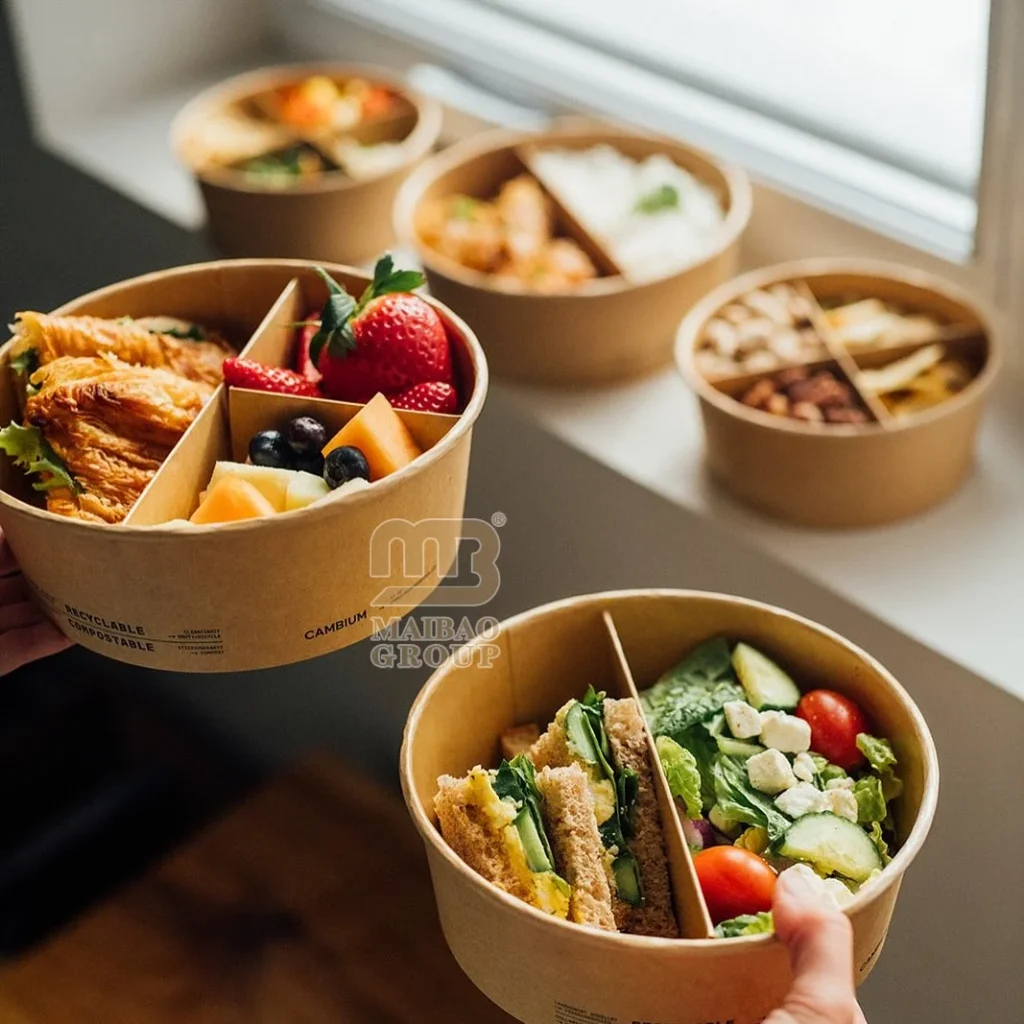 Контейнеры на вынос для ресторана, еды, рисового супа, биоразлагаемые одноразовые одноразовые крафт-бумаги, картонные салатницы с крышкой