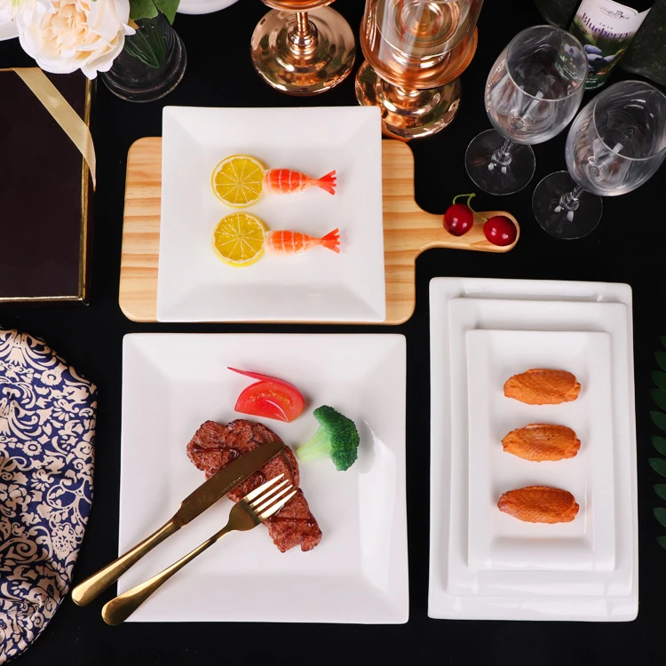 8 Inch 10 Inch European Steak Gold Rimmed Fruit Restaurant Square Food Dish Ceramic Plate